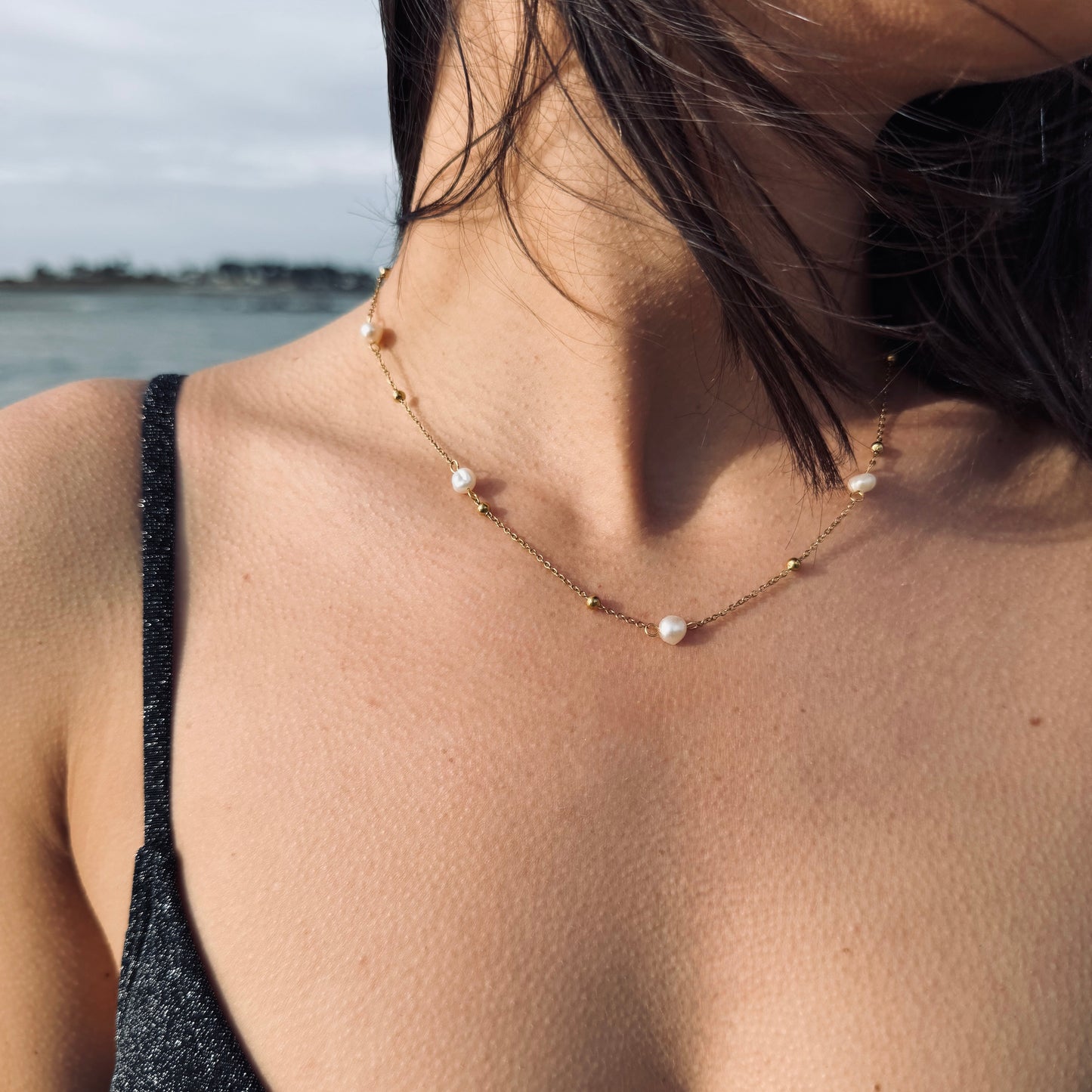 collier aurore perles et acier inoxydable