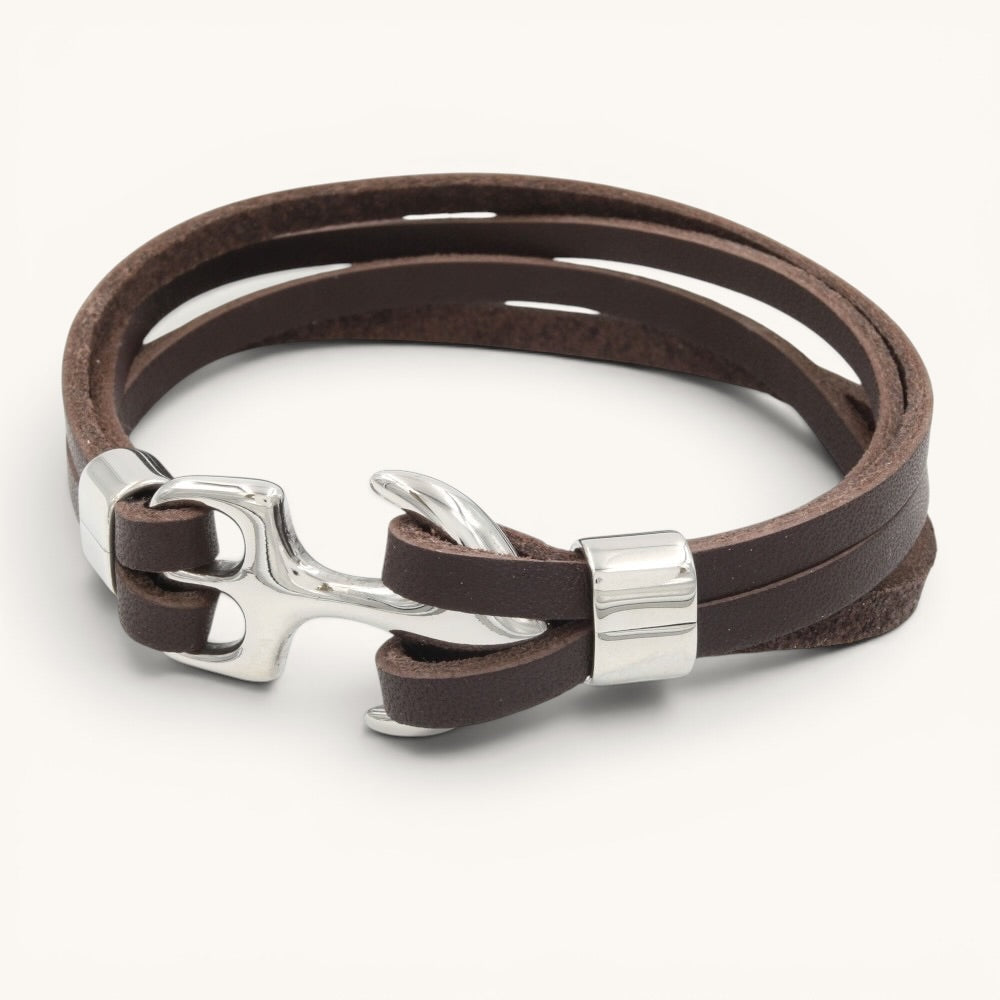 Bracelet Ancre Marron , Cuir Véritable & Ancre Acier Inoxydable
